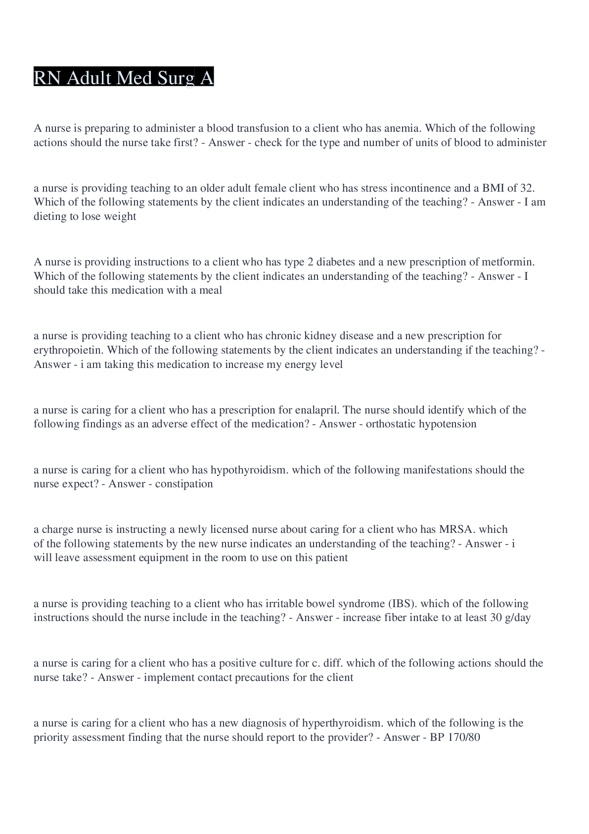 Preview image for RN Adult Med Surg A Questions And Answers 2022/2023